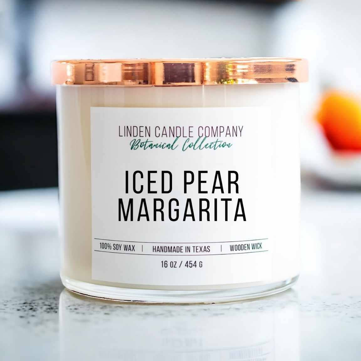 Iced Pear Margarita Soy Candle (16oz) - 90-110 Hour Burn Time, Wooden Wick, Hammered Copper Lid