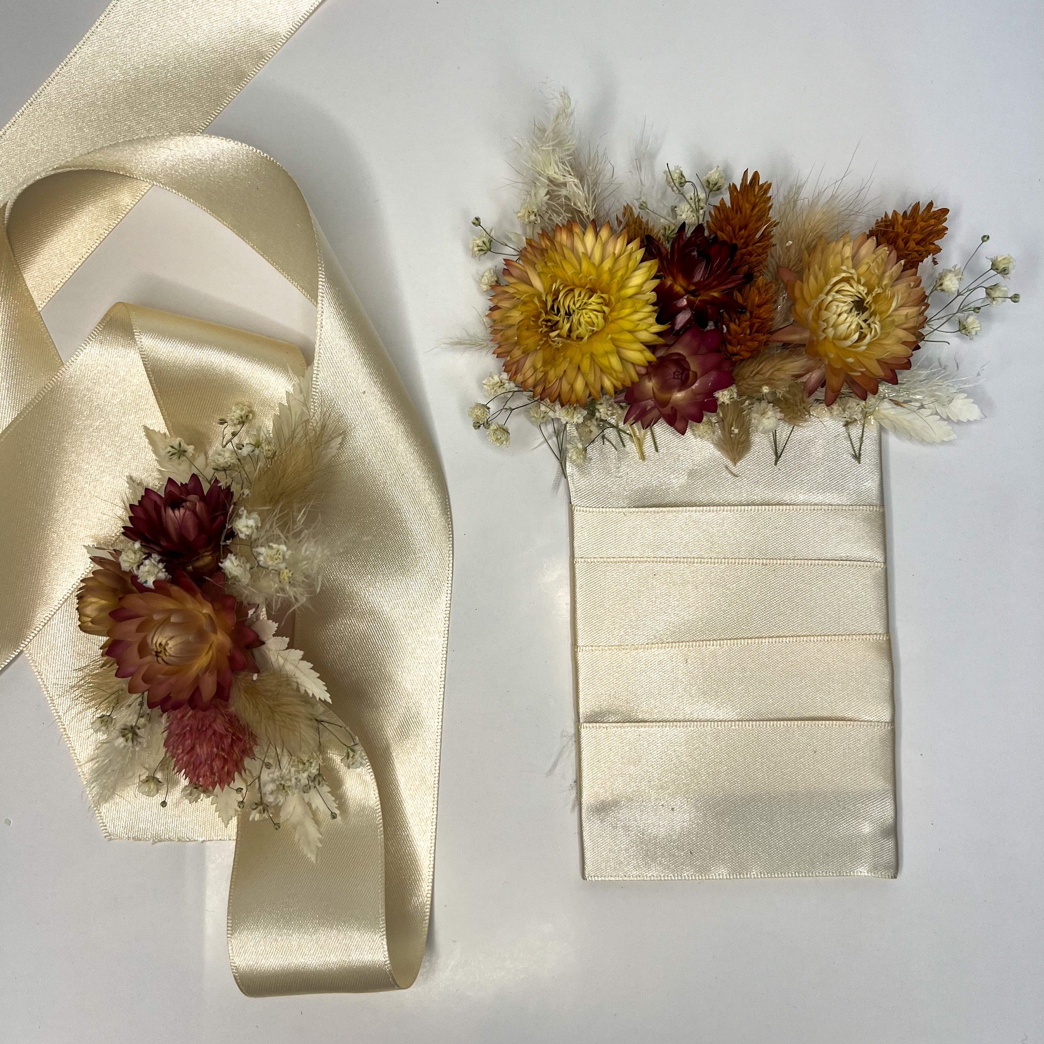 Peach, Yellow, Red Dried Corsage and Boutonniere Set