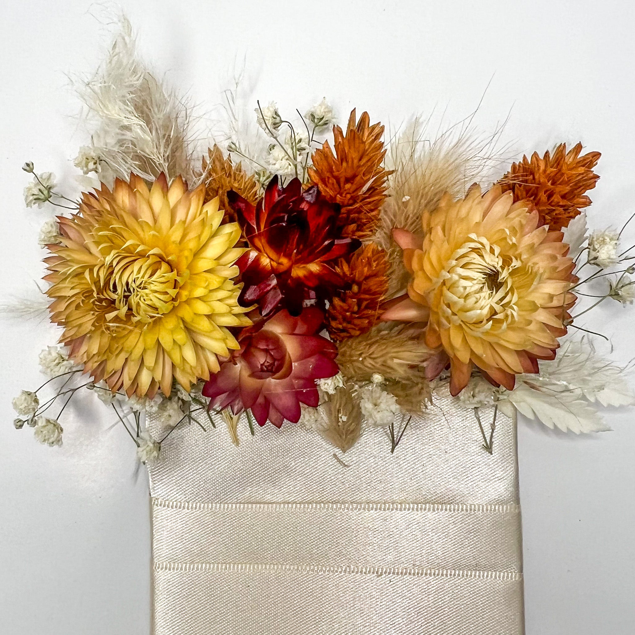 Peach, Yellow, Red Dried Corsage and Boutonniere Set