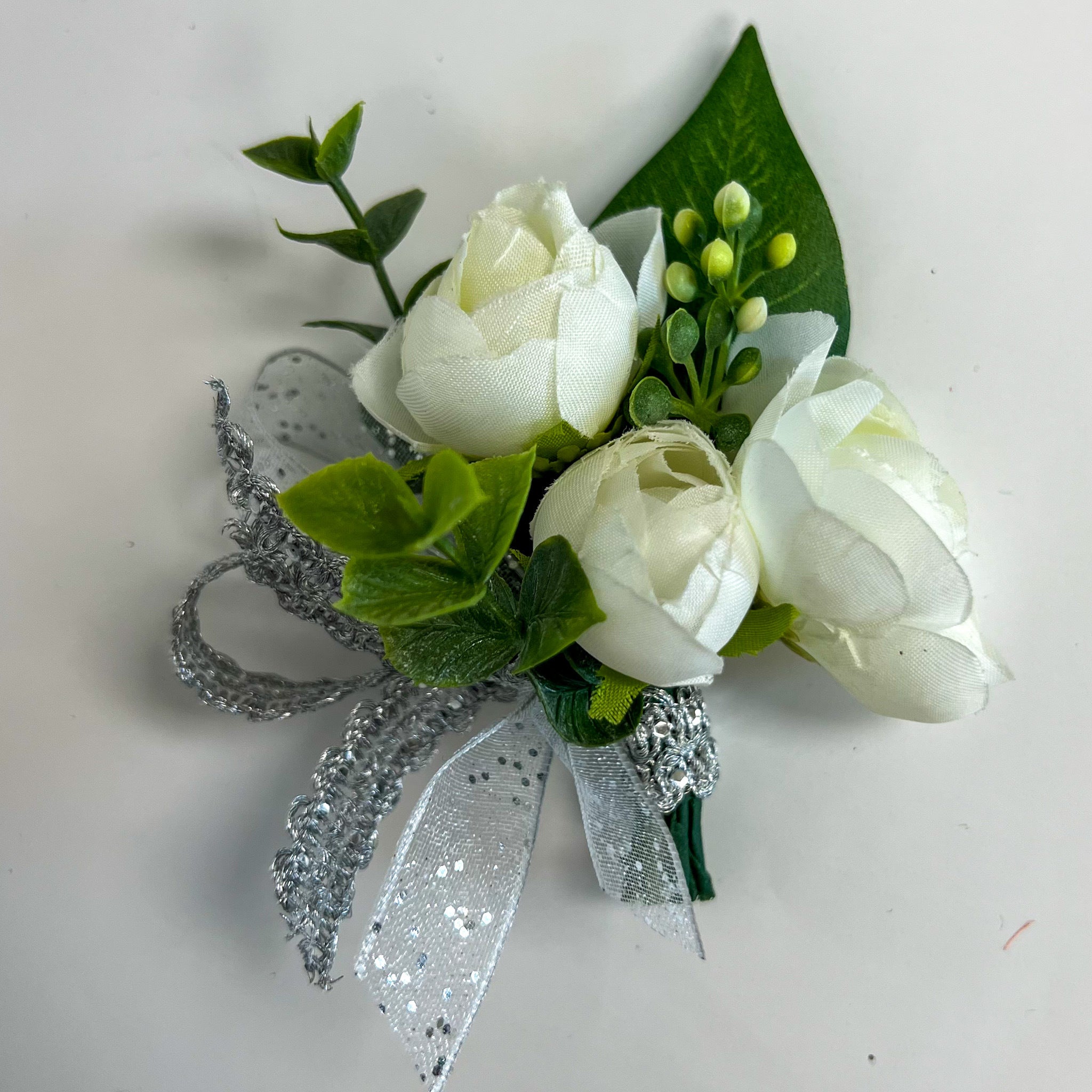 Silver and White Corsage and Boutonniere Set