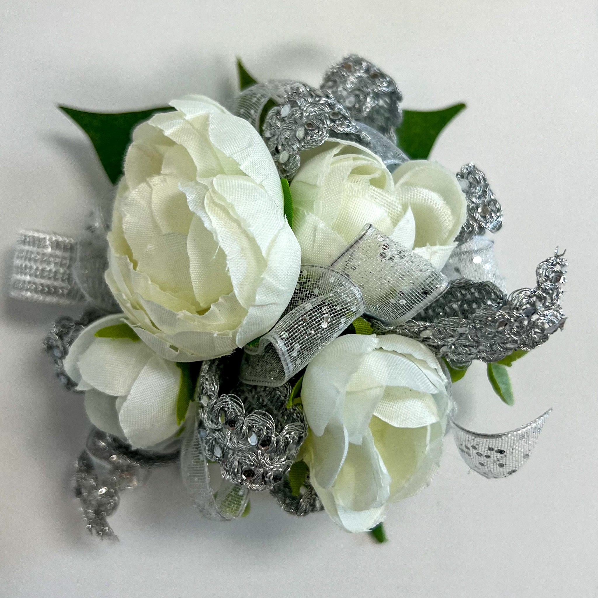 Silver and White Corsage and Boutonniere Set