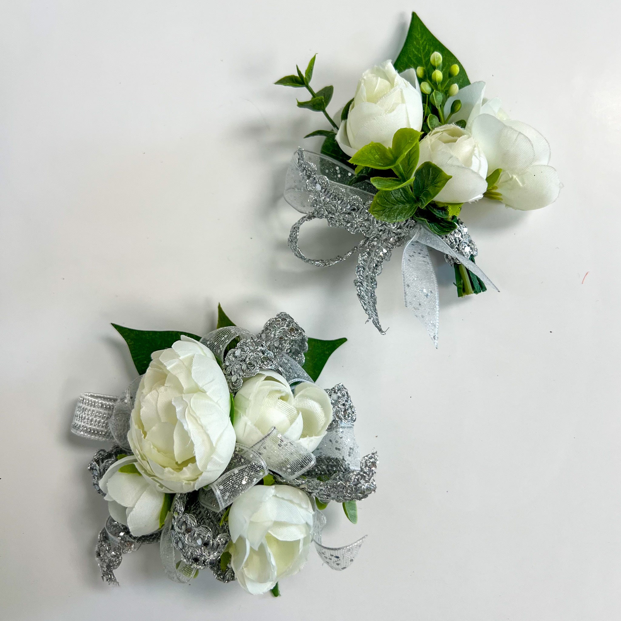 Silver and White Corsage and Boutonniere Set