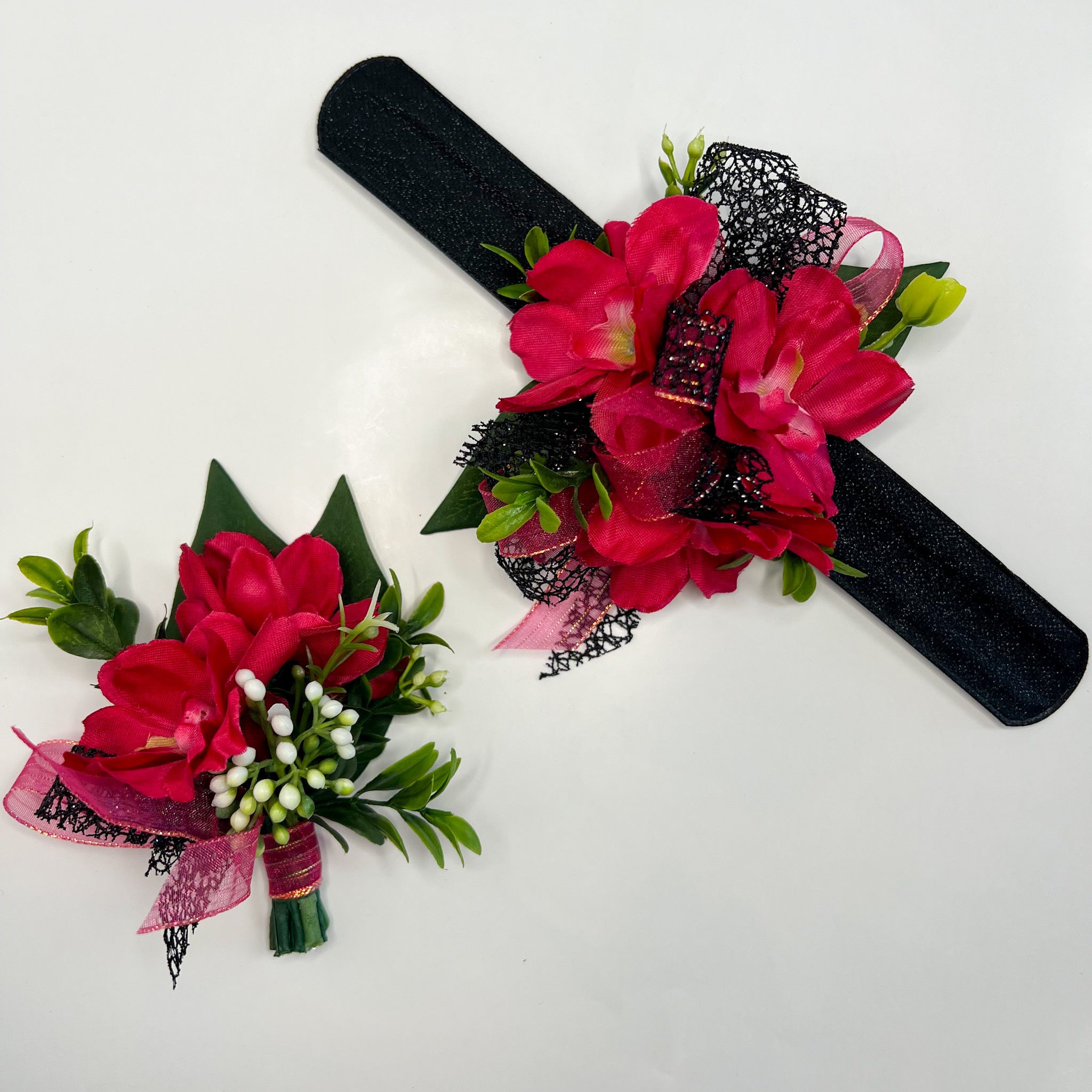 Hot Pink and Black Corsage and Boutonniere Set