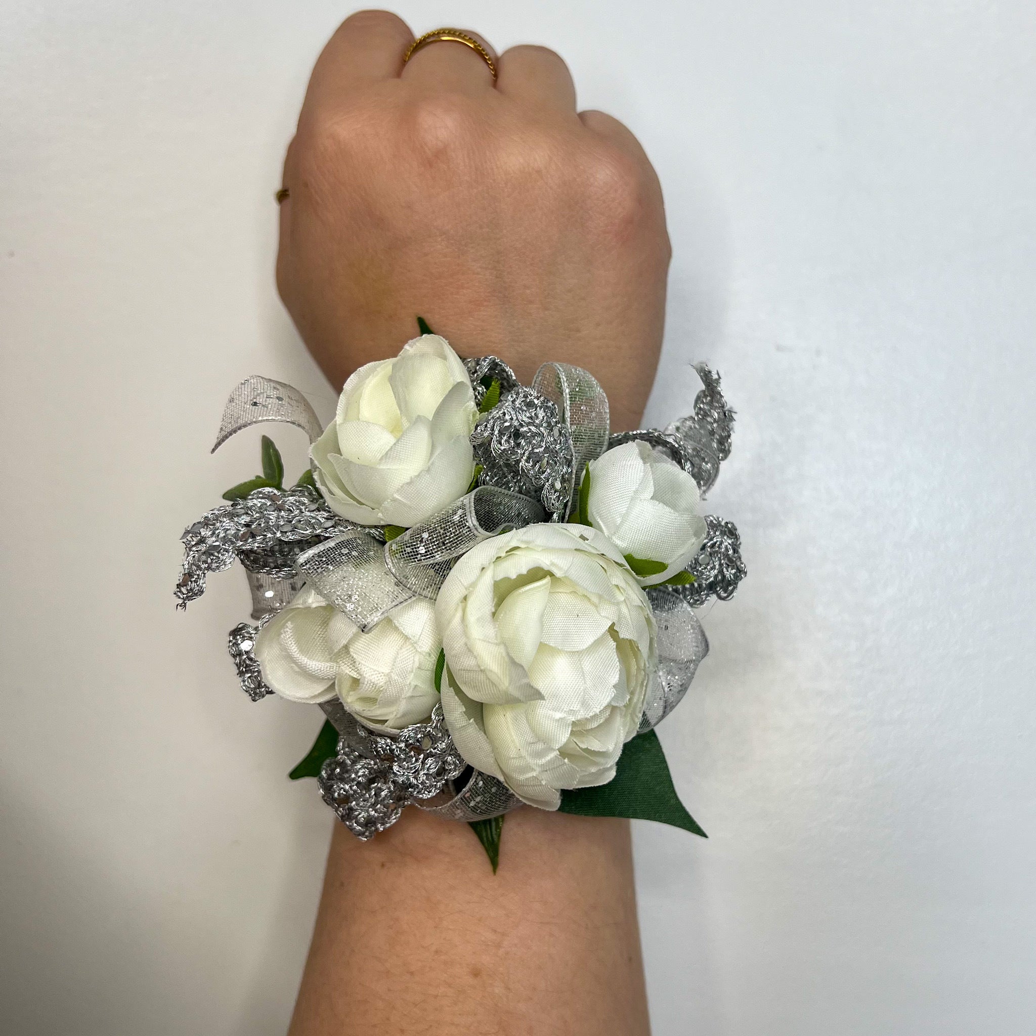 Silver and White Corsage and Boutonniere Set