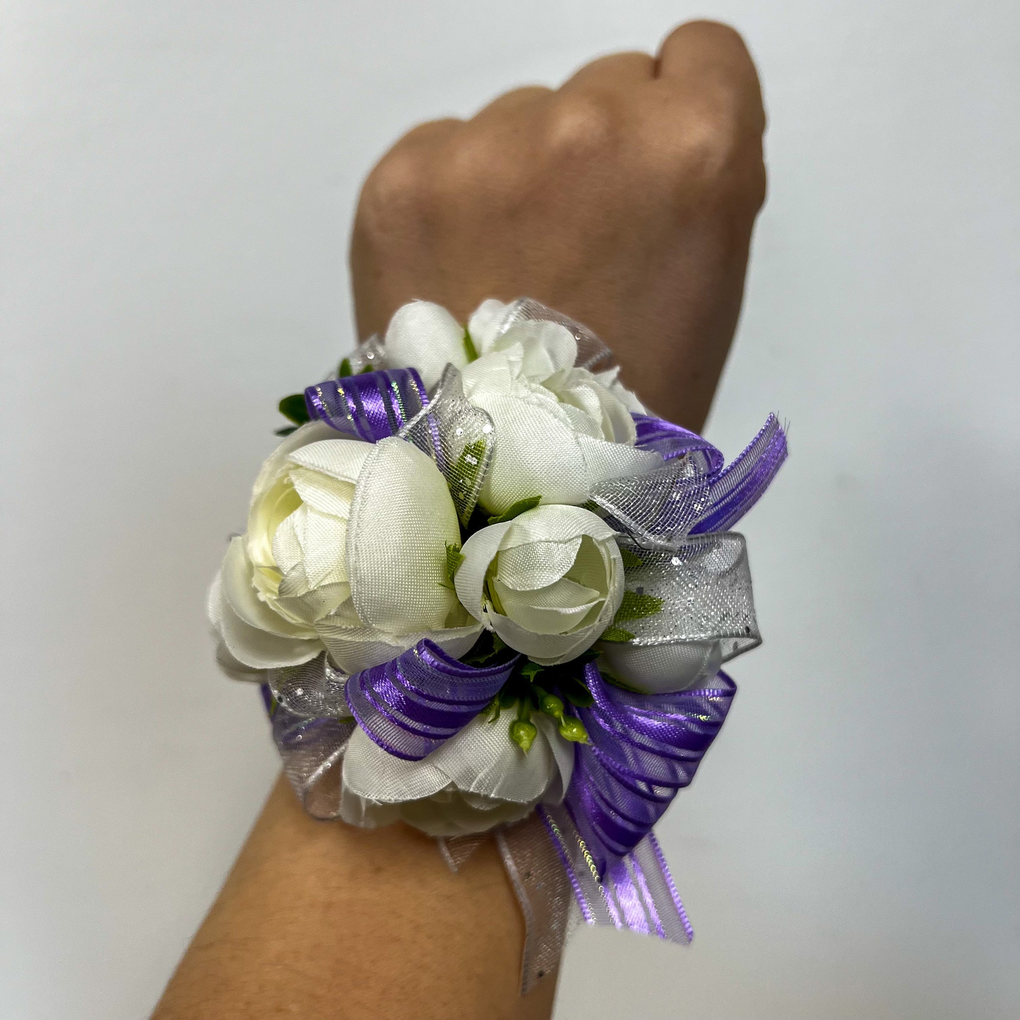 Purple and White Silk Corsage and Boutonniere Set