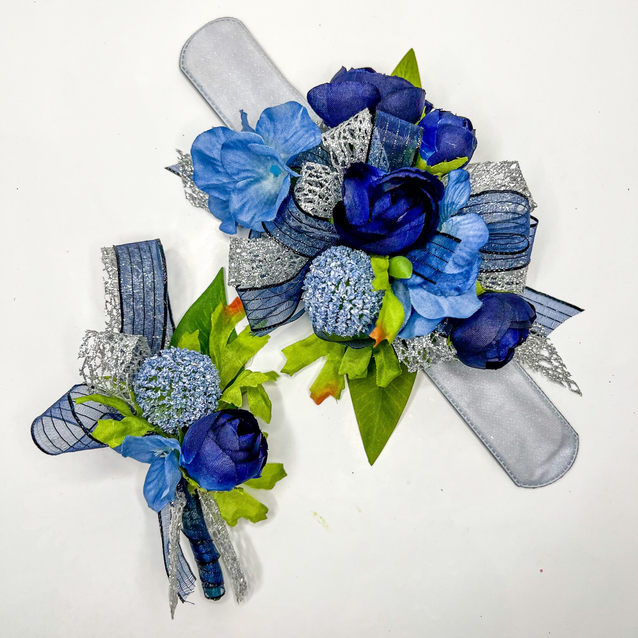 Blue, Navy, and White Silk Corsage and Boutonniere Set