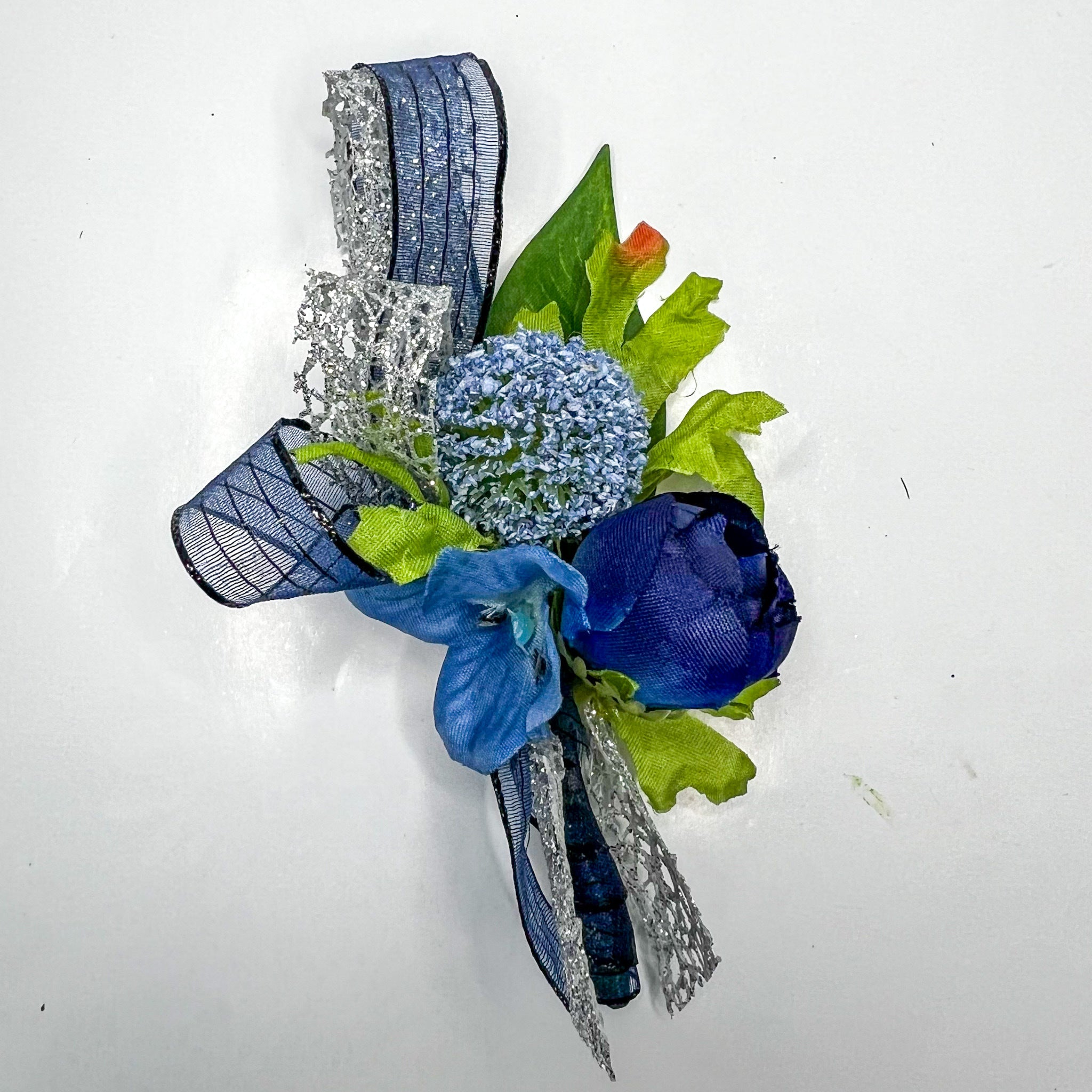 Blue, Navy, and White Silk Corsage and Boutonniere Set