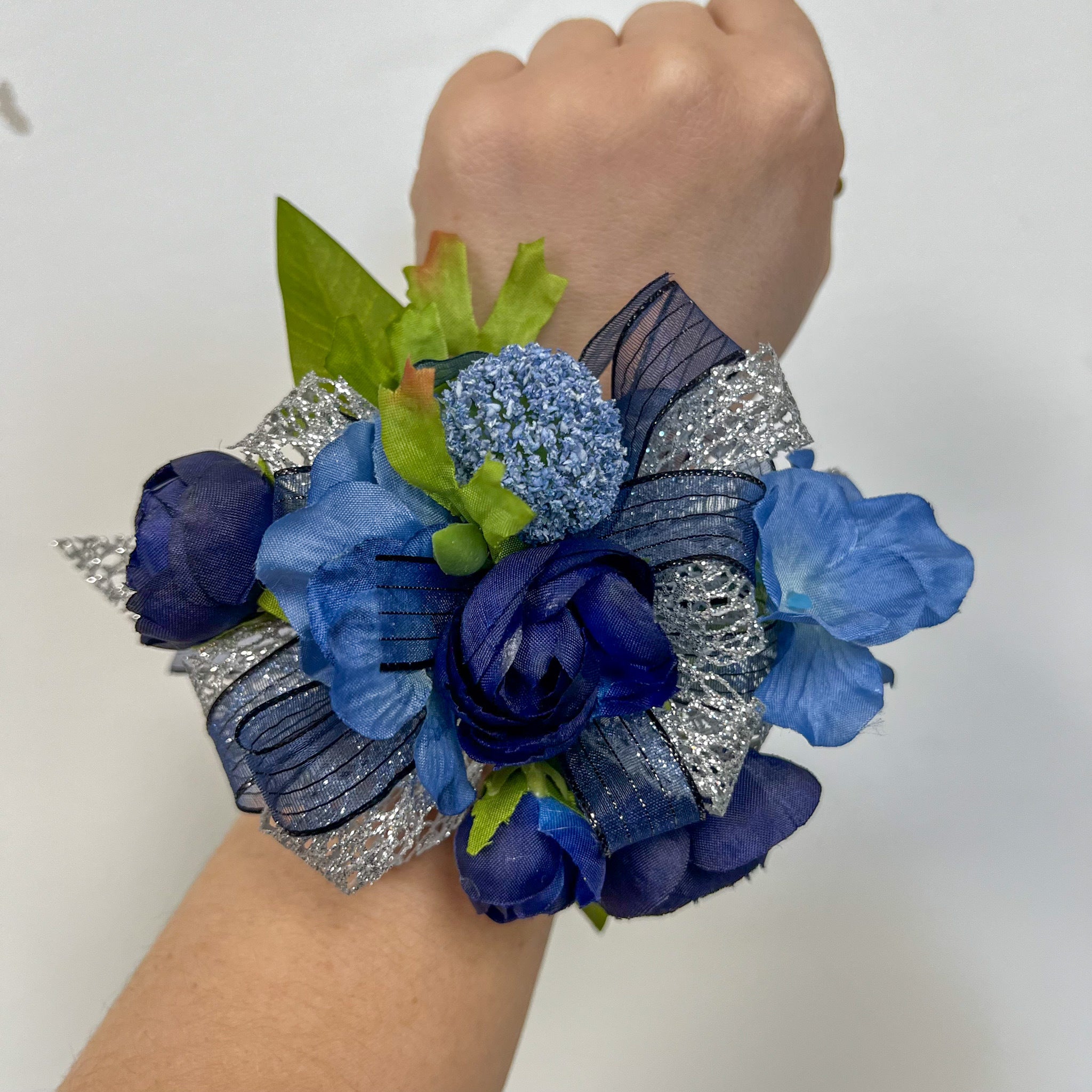 Blue, Navy, and White Silk Corsage and Boutonniere Set