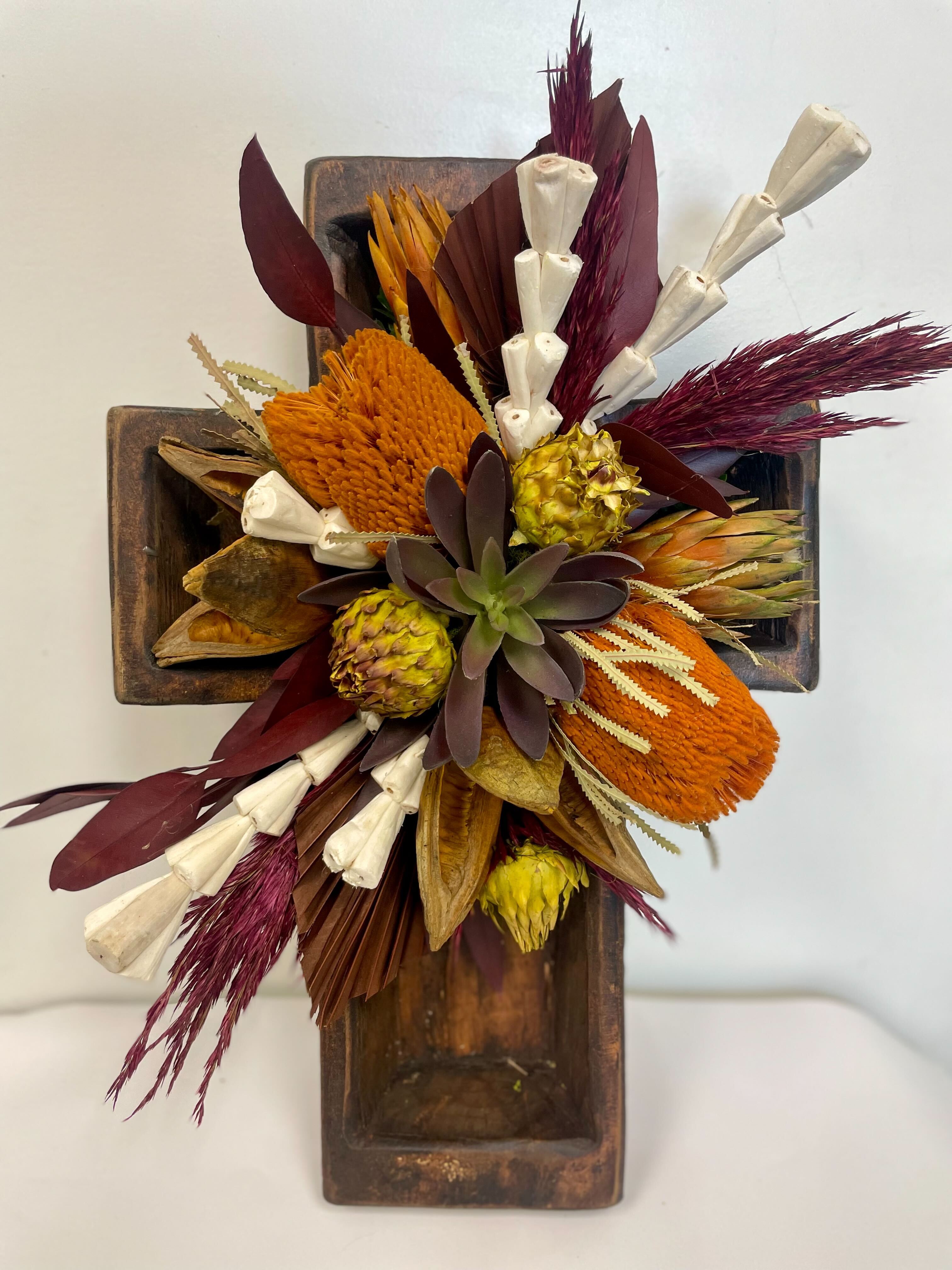 Wood Cross with Dried Flower Arrangement