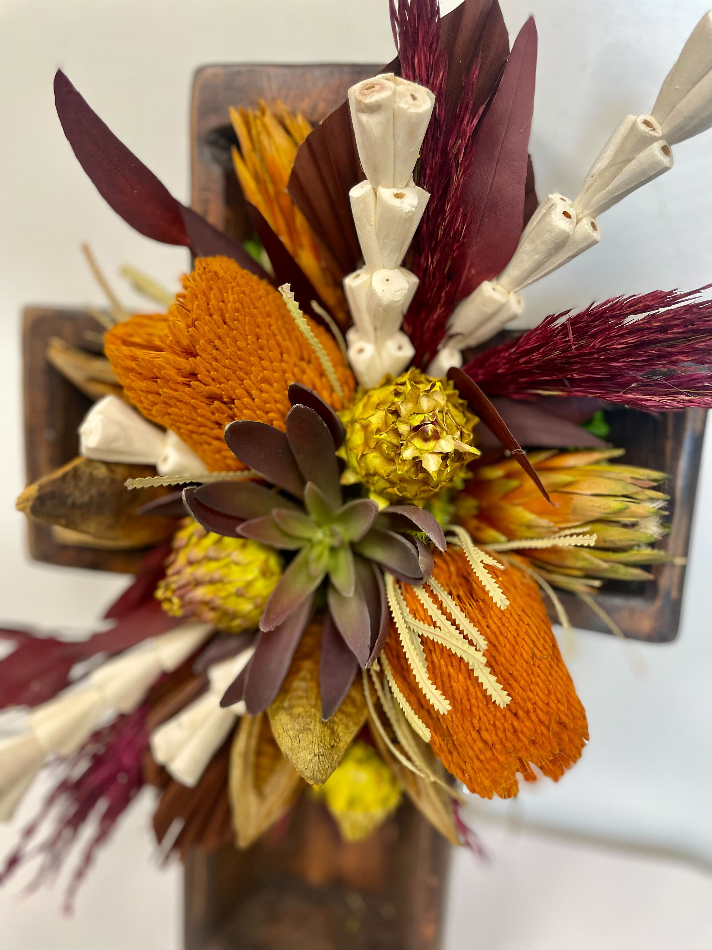 Wood Cross with Dried Flower Arrangement