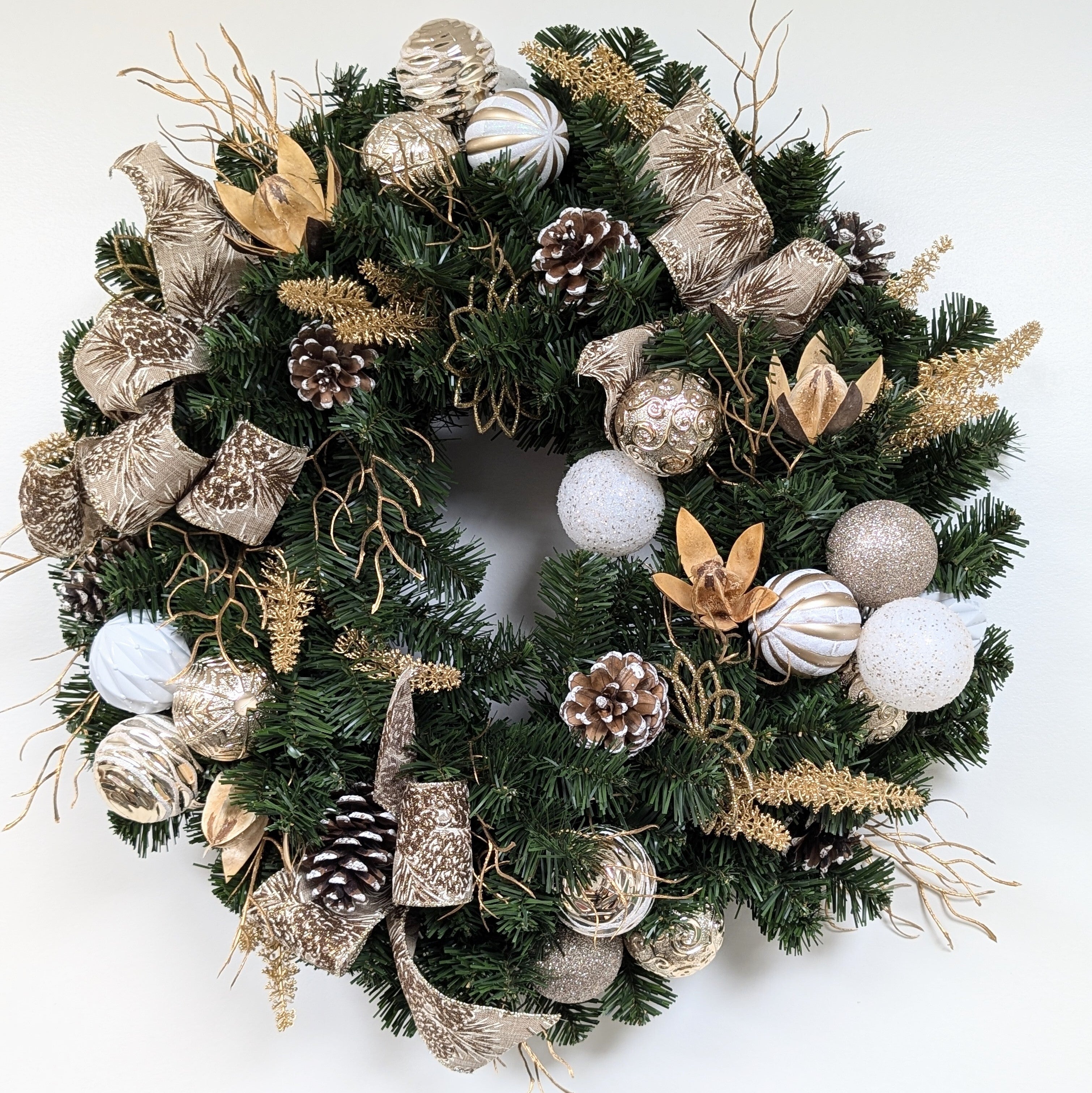 Elegant Gold & White Christmas Wreath - 20" Festive Holiday Decor